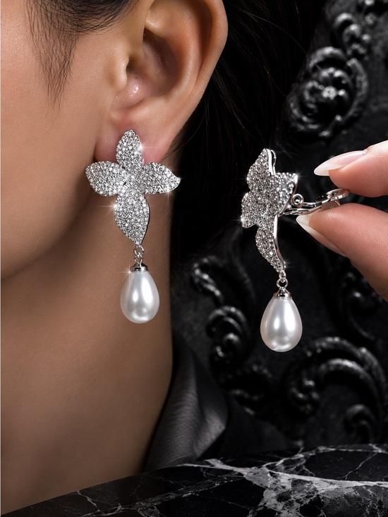 Anthropologie Jewelry - Silver Pavé Flower Clip-On Earrings with White Pearl Drops